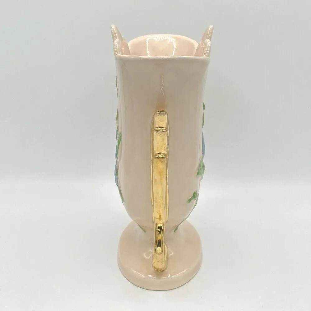 Vintage Hull Pottery Vase USA Art Baby Pink Gold Handles Blue Floral Mid Century
